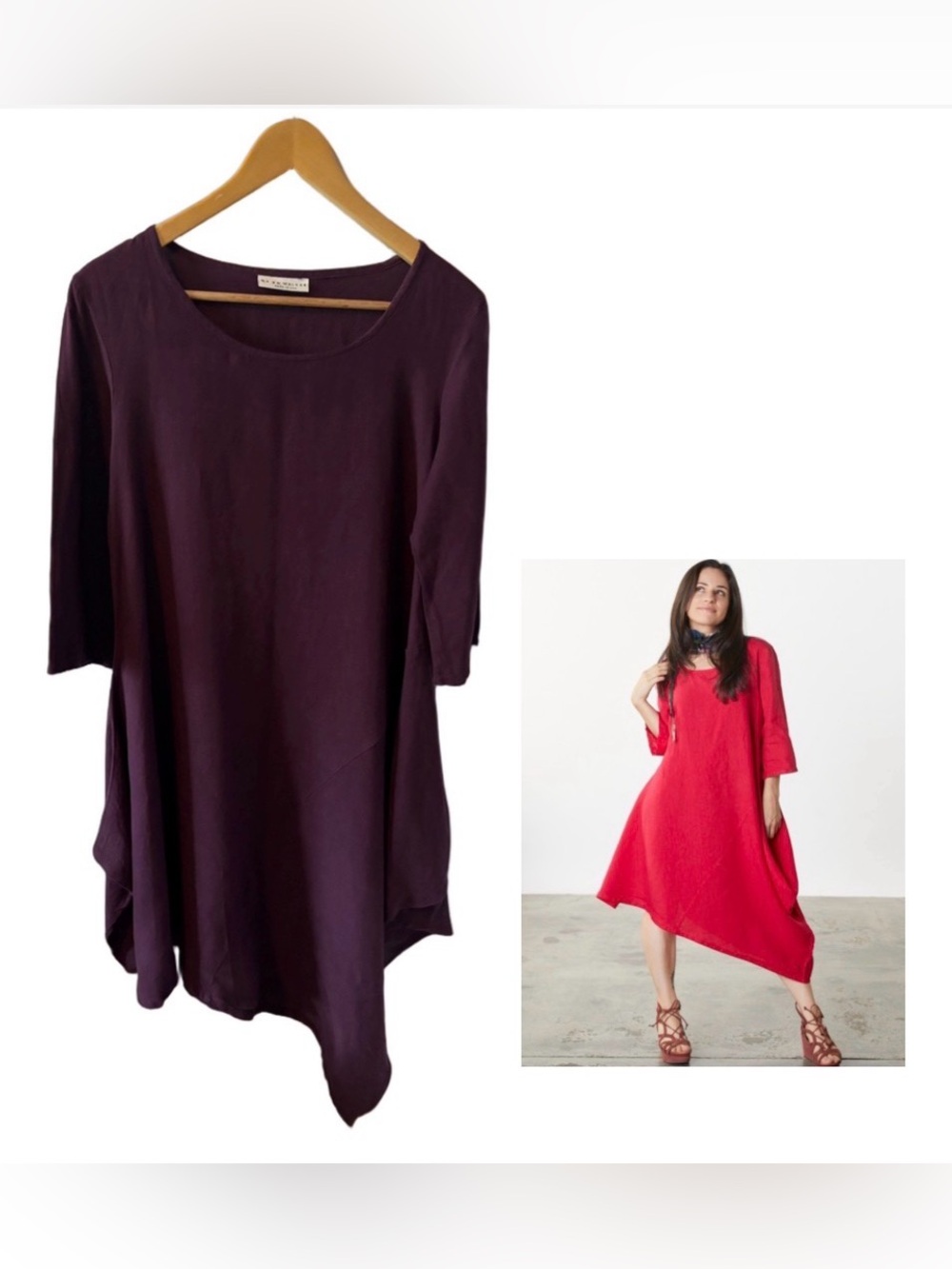 Bryn Walker Naida Linen Round Neck Asymmetrical Tunic Dress S Plum Lagenlook